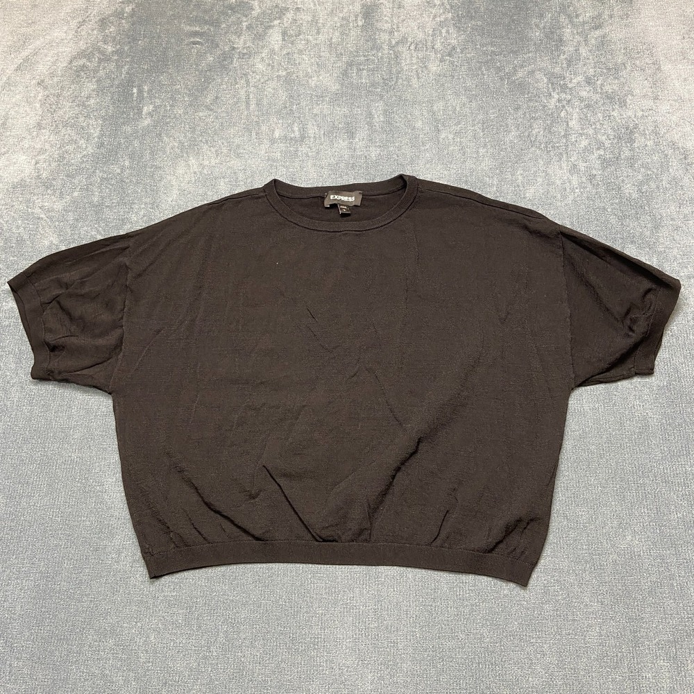 Express Cropped Top Womens Small Black Crew Neck Short Sleeve Ribbed Hem Casual